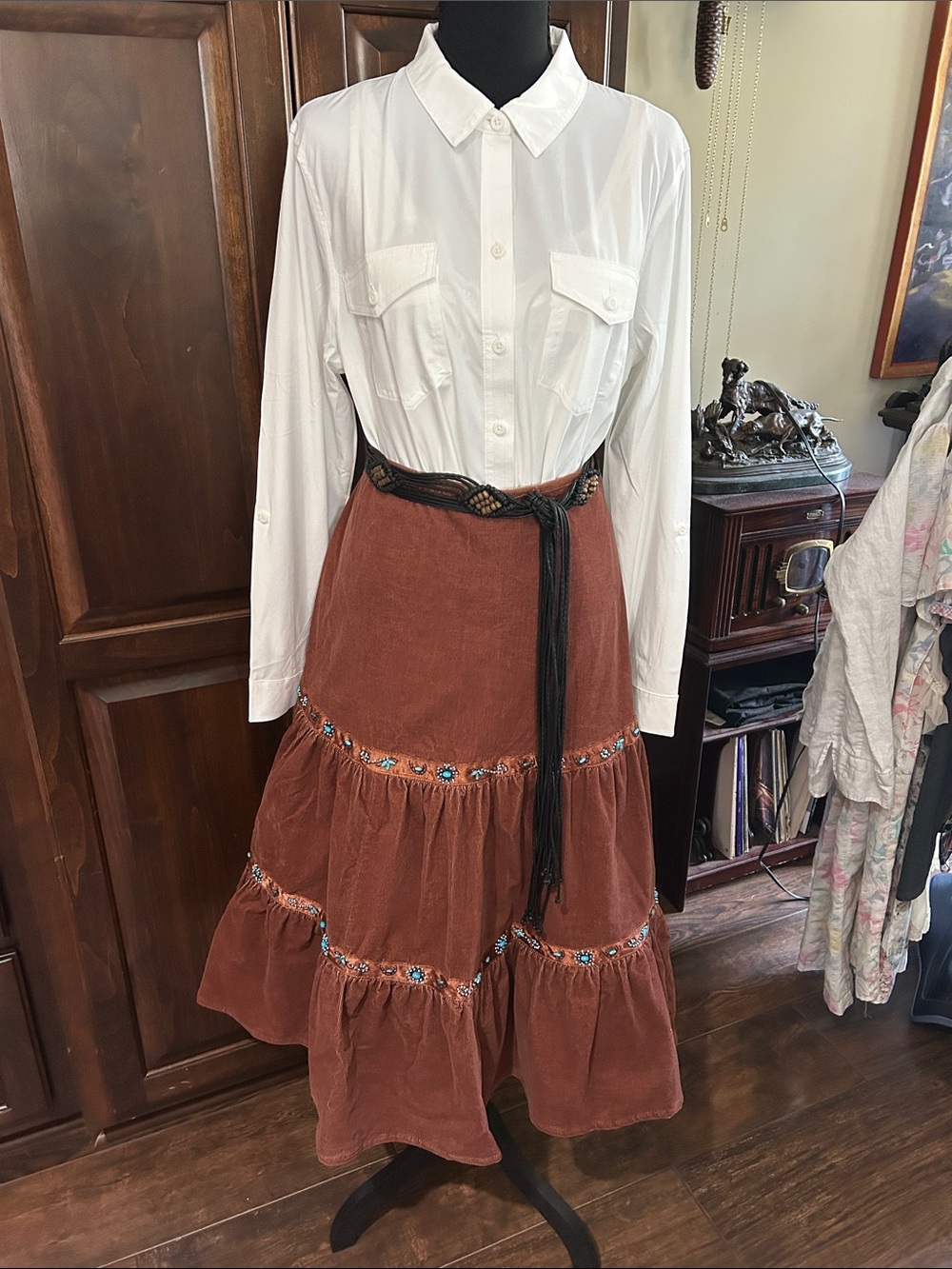 Y2K Diane Gilman Sz 1X Tiered Midi Skirt in Rust Corduroy with Turquoise Beading